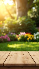 Wall Mural - Empty wooden table with garden bokeh for a catering or food background with a country outdoor theme, Template mock up for display of product