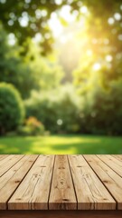Wall Mural - Empty wooden table with garden bokeh for a catering or food background with a country outdoor theme, Template mock up for display of product