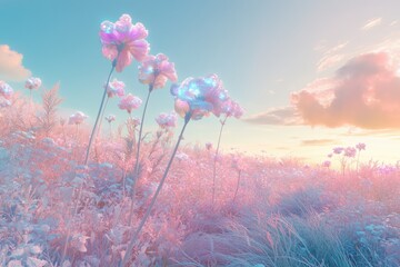 Wall Mural - dreamlike pastel flowers bloom in a field at sunset, creating a magical, surreal atmosphere.