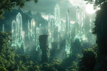 Poster - Crystal city nestled within a lush, verdant jungle, bathed in ethereal sunlight.