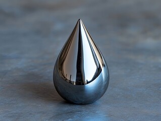 Metallic teardrop sculpture on gray surface. Science concept