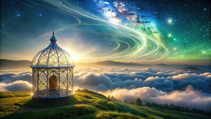 Wall Mural - Enchanted Gazebo Atop a Cloud-Kissed Hill, Bathed in the Glow of a Celestial Sunrise, with Swirling Cosmic Trails Above