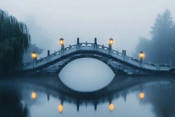 Wall Mural - A serene stone bridge with glowing lanterns reflects in a misty lake, surrounded by fog and willow trees, creating a tranquil and mystical atmosphere.