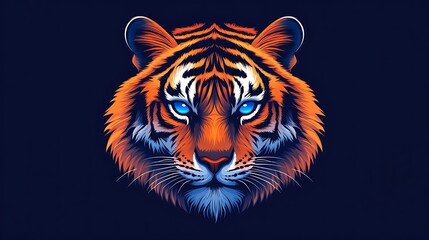  Majestic Tiger with Intense Blue Eyes on Dark Background, Striking Digital Illustration of a Powerful Predator

