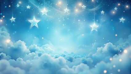 Wall Mural - Celestial Dreamscape Serene Night Sky with Glowing Stars Hanging Above a Soft, Fluffy Cloud Landscape