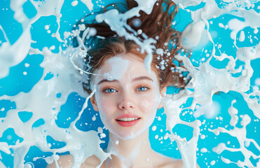 Aufkleber - woman with joyful expression surrounded by splashing milk