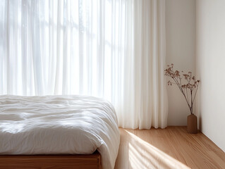 Poster - Minimalist bedroom with platform bed and soft linens by sunlit window