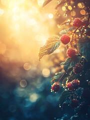 Canvas Print - Raspberries glisten with morning dew on a vibrant bush, illuminated by a soft, golden light.