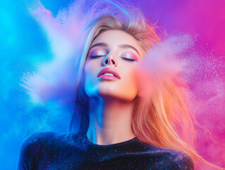 Aufkleber - woman with closed eyes surrounded by vibrant colored powder