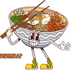 Wall Mural - Cartoon bibimbap Korean groovy cuisine food character with a cheerful expression, holding chopsticks with noodles. Vector traditional Korean meal bowl with ingredients such as an egg and vegetables