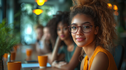 Portrait of a smiling young woman with friends at a coffee shop. A candid moment of happiness and friendship.