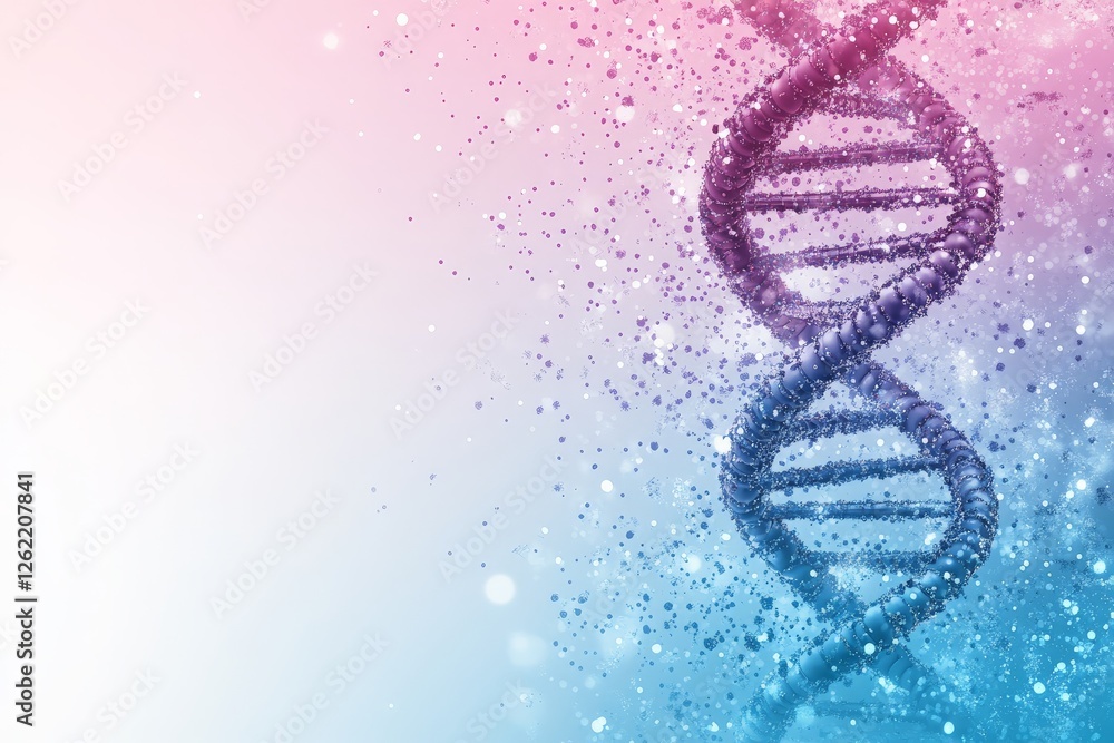 Double helix DNA strand in a purple and blue gradient on a light ...