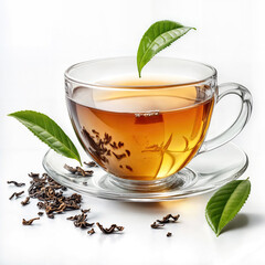 Glass cup of freshly brewed hot tea with green tea leaves and dried tea leaves on white background