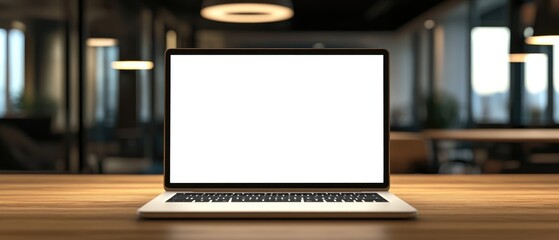 laptop mockup blank screen on office desk, evening