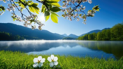 Wall Mural - Serene Spring Lake Mountain Landscape With Blossoms