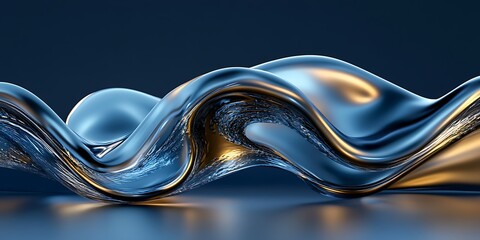 Abstract blue gold liquid wave, dark background, modern design, website banner