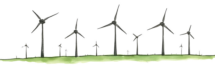 Hand-drawn in a minimalist style, this one-line continuous drawing of windmills or wind turbines is isolated on a white background, representing the green ecological energy farm concept in a modern on