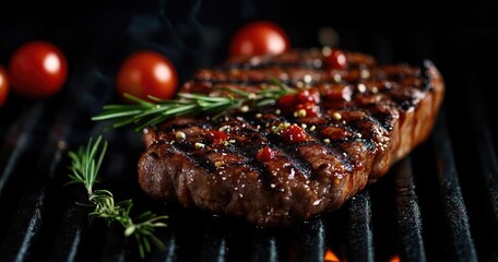 Wall Mural - Grilled steak, rosemary, cherry tomatoes, fire, dark background, food photography