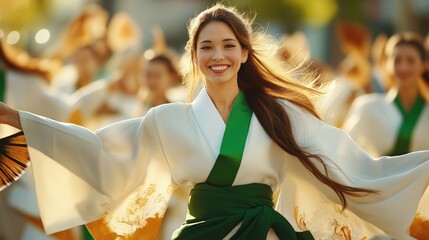 A joyful Japanese dancer in a white and green kimono performing with a fan, bathed in golden sunlight, surrounded by other dancers at a cultural festival