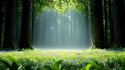 Wall Mural - Sunlit Forest Meadow With Blue Flowers