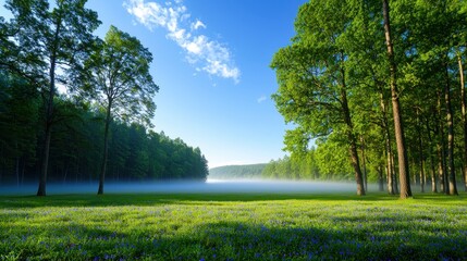 Wall Mural - Serene morning mist over a flowering meadow and forest