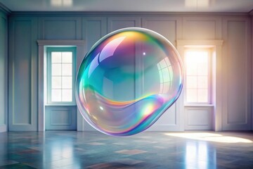 Wall Mural - Iridescent Orb Suspended in an Empty Room with Sunlight Streaming Through Windows