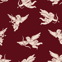 Pattern with cupids. Seamless vector texture. Beautiful St. Valentine's Day wrapping paper template. Beige cupids silhouettes on dark red background