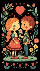 Wall Mural - a digital illustration of a young boy and girl