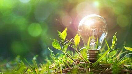 Wall Mural - glowing lightbulb nestled in vibrant green grass symbolizes renewable energy and sustainable growth.
