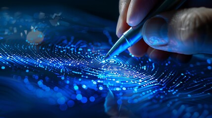 Wall Mural - hand uses a stylus on a digital screen showing a glowing fingerprint representing cybersecurity and 