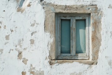 Wall Mural - Weathered window with peeling paint set in an old wall