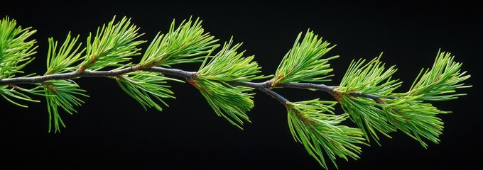 Wall Mural - Green conifer branch, studio shot, black background, nature design