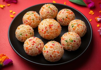 Poster - Colorful Sweet Rice Balls on a Black Plate with Floral Accents, Vibrant Decoration Ideal for Celebrations and Festive Occasions