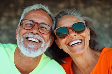 Wall Mural - Man and woman are smiling and wearing sunglasses. They are both wearing glasses. The man is wearing a yellow shirt and the woman is wearing an orange shirt