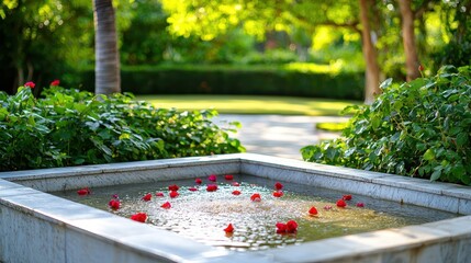 Wall Mural - Rose petals float gently in a garden fountain