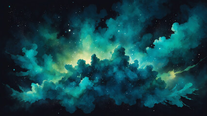 Abstract watercolor clouds with cosmic blue and green tones