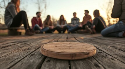 Friends gather outdoors, sunset, wooden surface, circle