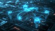 © zuriya - Futuristic wireframe design of a military drone, illuminated in neon blue, hovering in a digital space, showcasing cutting-edge innovation.