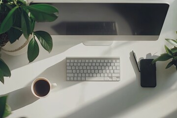 Wall Mural - Sunlit workspace Desk, keyboard, plants, coffee, phone