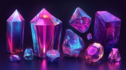 Wall Mural - Colorful Crystals with Neon Glow on Dark Background for Design