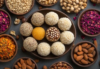 Poster - Assorted Traditional Sweet Delicacies Presented in Decorative Bowls with Colorful Flower Petals and Nuts on a Rustic Table Surface