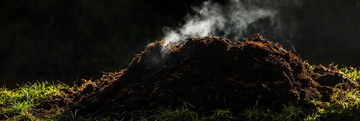 Wall Mural - a compost heap steaming in the morning light in a permaculture garden wide banner - black background