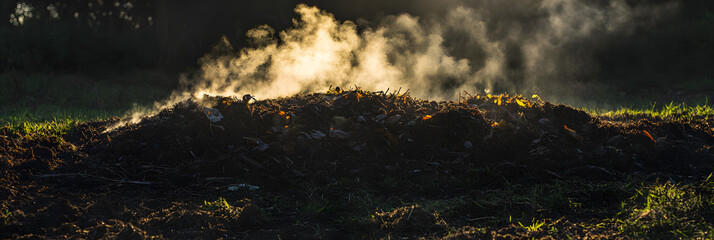Wall Mural - a compost heap steaming in the morning light in a permaculture garden wide banner - black background
