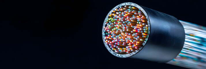 Wall Mural - an image featuring a roll of fiber optic cable - wide banner - black background