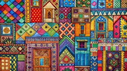 Wall Mural - Eclectic Patchwork Architectural Textile Design Sketch - Right-Aligned with Copy Space