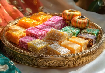 Wall Mural - Colorful Assorted Sweets on Traditional Silver Platter with Decorative Elements in Background Perfect for Celebrations and Festive Occasions