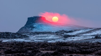 Canvas Print - Stunning Sunset over Snowy Mountain Peak  Pink   Blue Hues