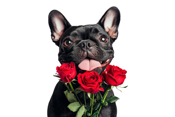 Fototapete - Smiling dog holding red roses flower isolated on transparent background