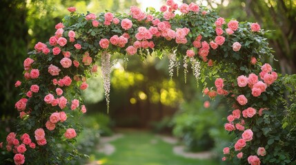 Wall Mural - Beautiful rose archway in a serene garden during golden hour