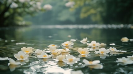 Wall Mural - Tranquil water scene with white flowers floating amidst lush greenery at a serene lake